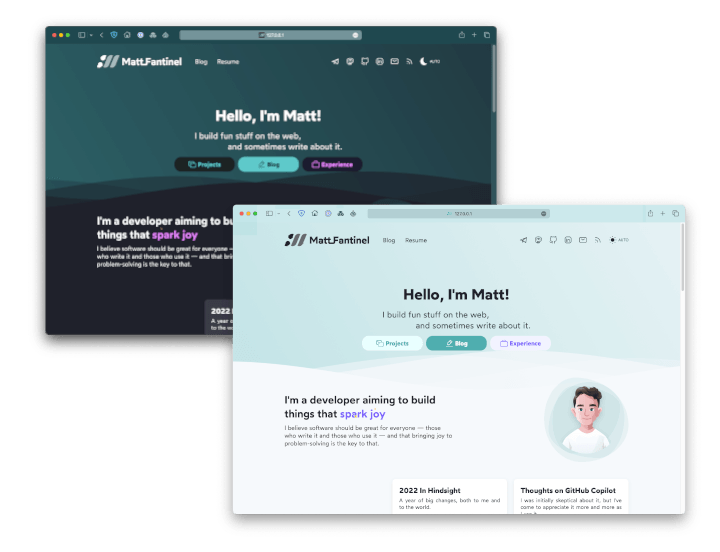 Screenshot of the fourth version of my website. It still has a wavy background, but the content is positioned in more readable ways.