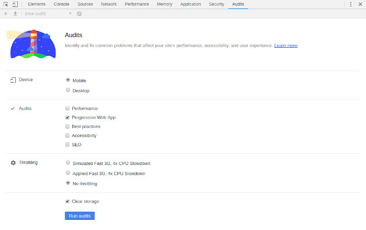 Screenshot of Chromium's Audits tab, displaying options on how to test your page as different devices and for different metrics. The options "mobile" and "Progressive Web App" are selected.