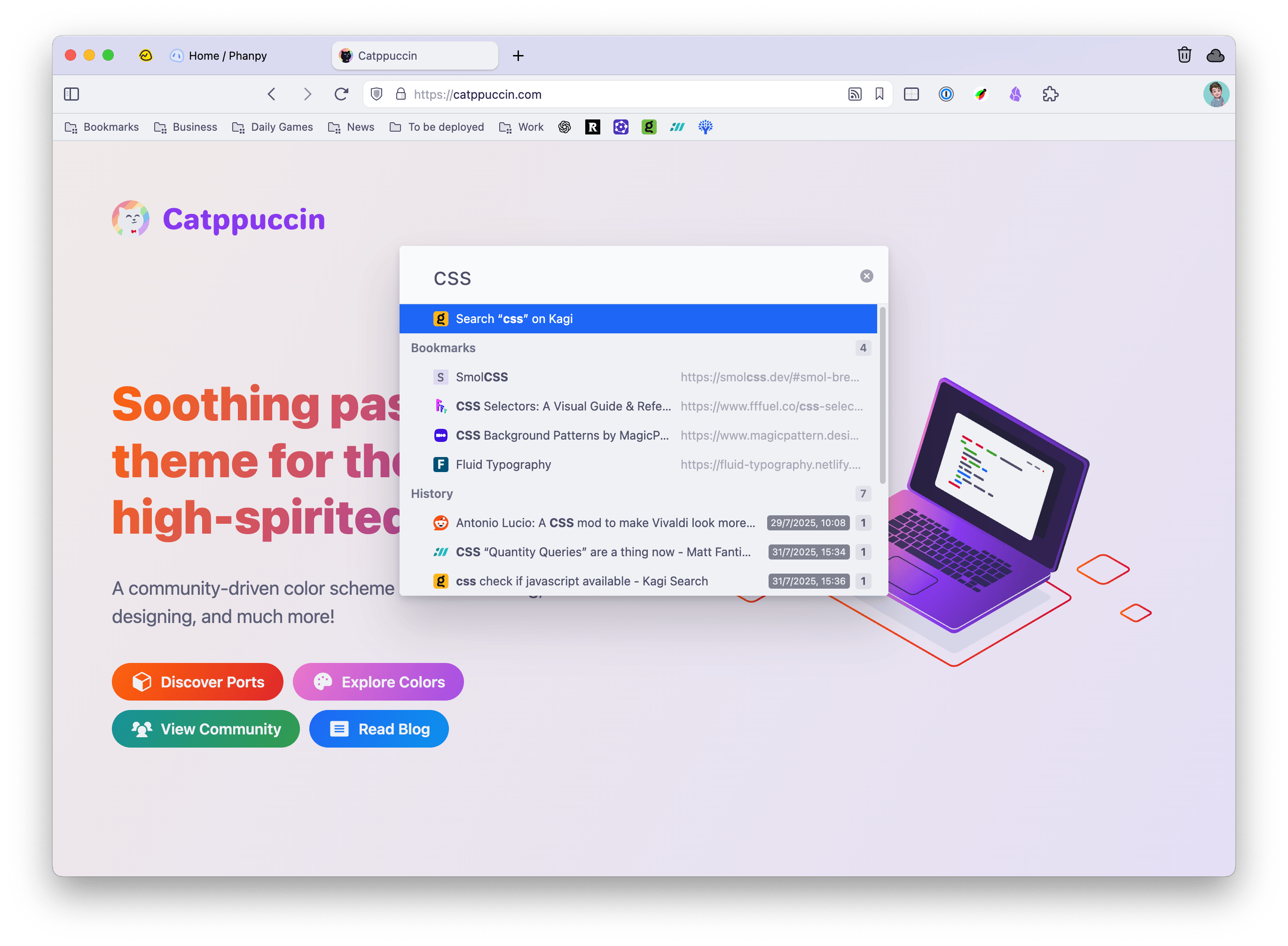 Screenshot of Vivaldi's command palette. Similar to Arc's, it displays a search suggestion, bookmarks and history entries that match my query. My active tab is also visible in the background.
